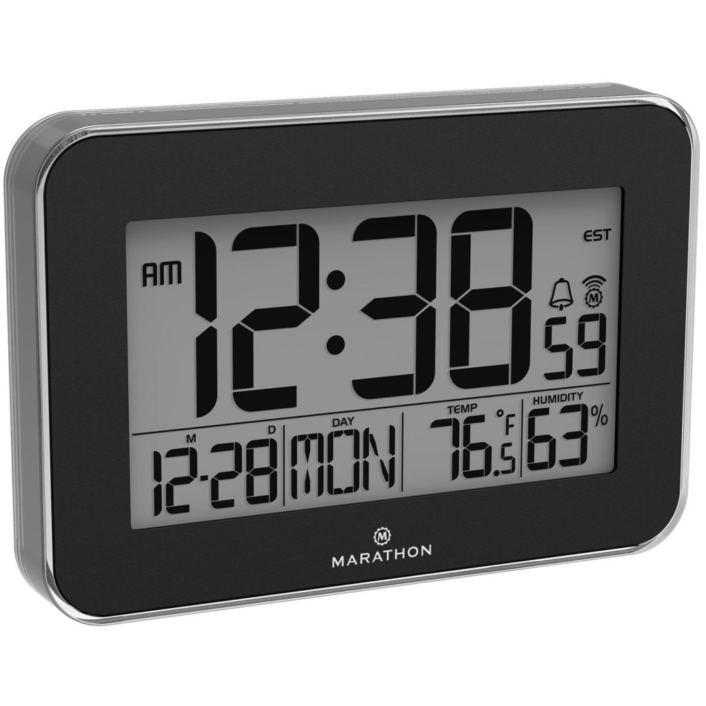 Snooze Easy to Read Date Mirrored Batteries Included. Table Stand and Clear Bezel Temperature & Humidity.8 Time Zones Marathon CL030060SV Atomic Wall Clock with Alarm